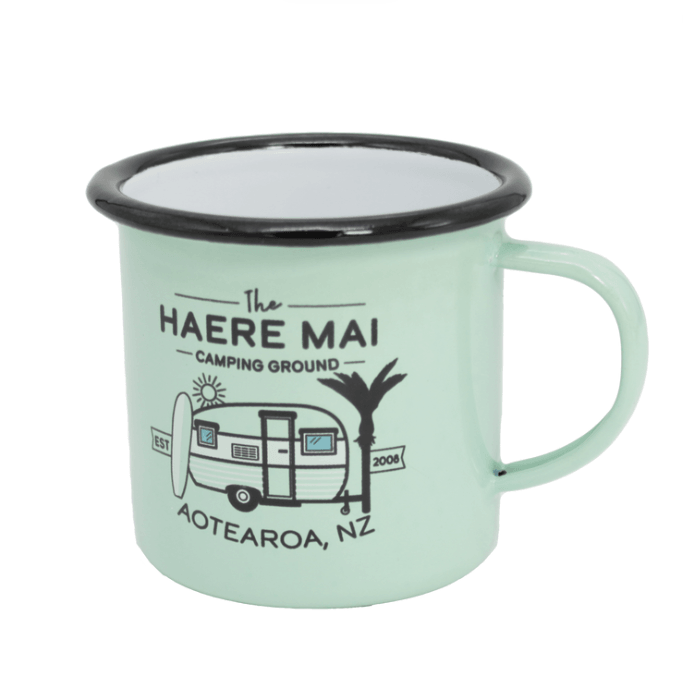 Mug Enamel Moana Road Large - Haere Mai Green - hellokiwi