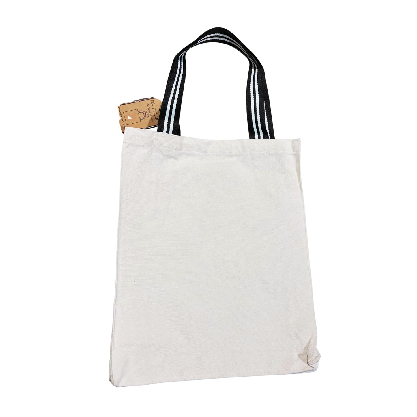 White tote bag with black handles on a white background