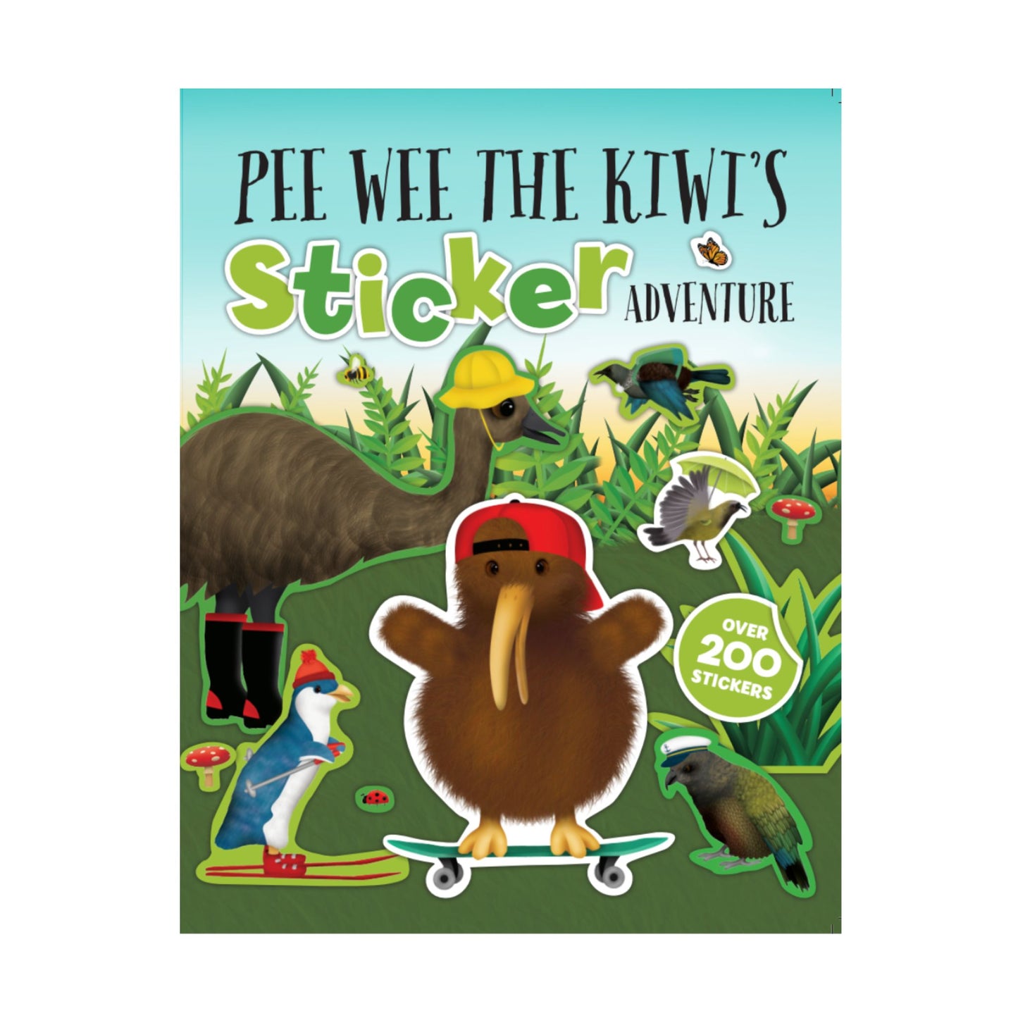 Book cover of 'Pee Wee the Kiwi's Sticker Adventure' with cartoon kiwis and nature elements.