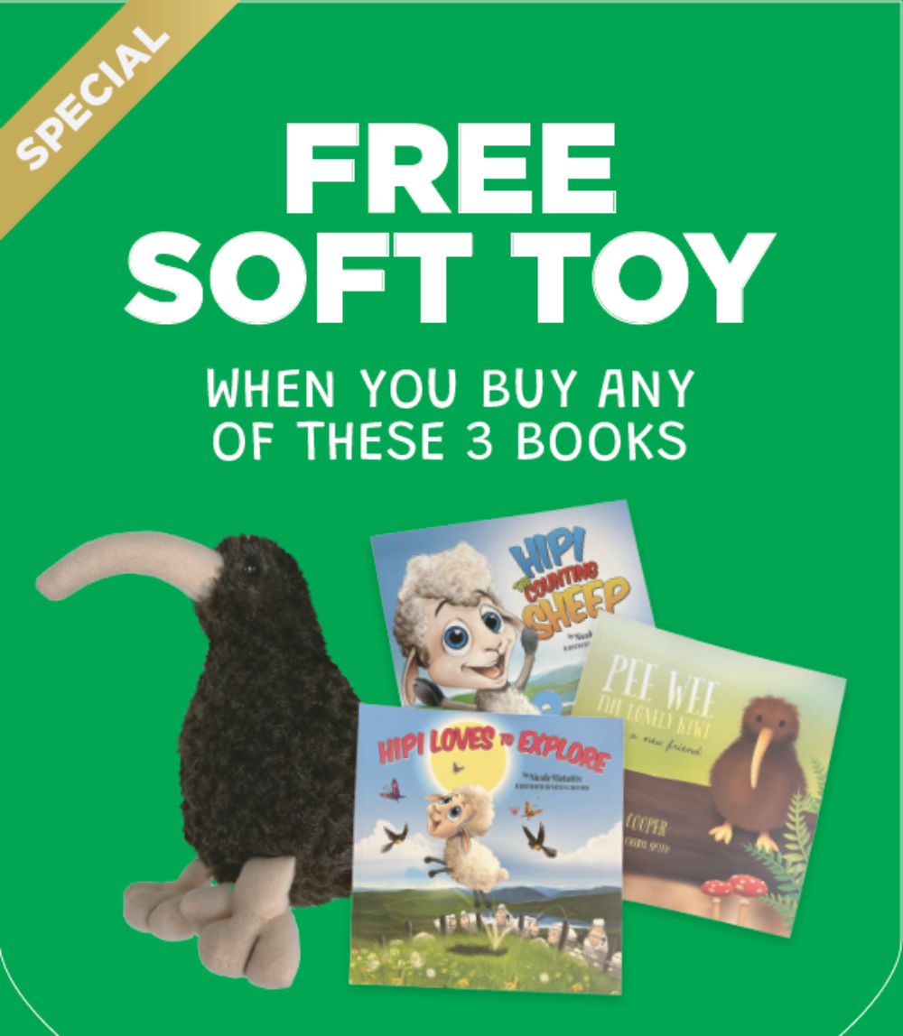 Promotional offer for a free soft toy with the purchase of three books on a green background.