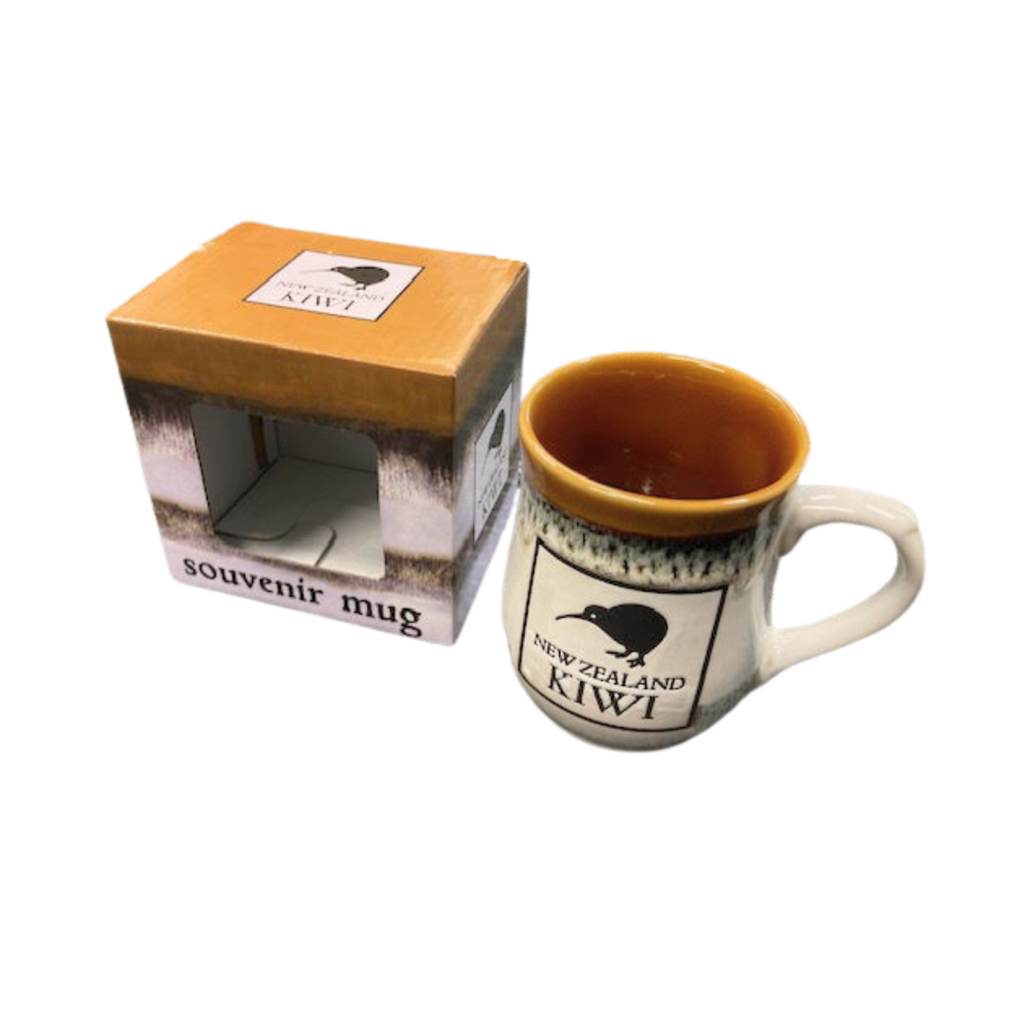 Ceramic mug with New Zealand Kiwi design and the box on a white background