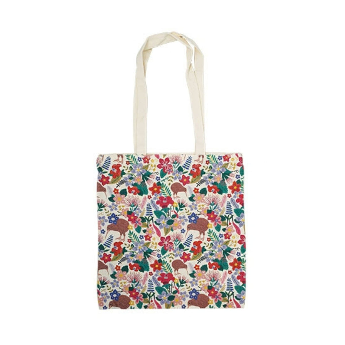 A canvas tote bag with a dense woodland pattern of deer, flowers, and foliage, featuring cream-colored shoulder straps, shown against a plain white background.
