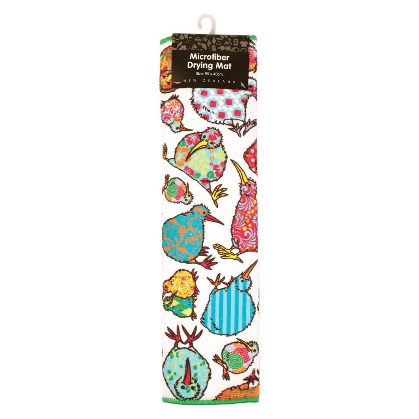 Kaleidoscope Kiwi Drying Mat. Colorful microfiber drying mat with kiwi designs on a white background