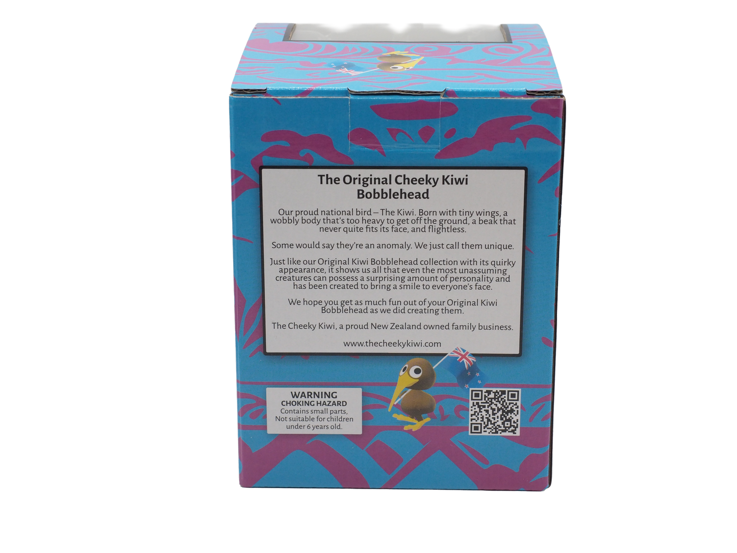 Box packaging for the Original Cheeky Kiwi Bobblehead with branding and product details.