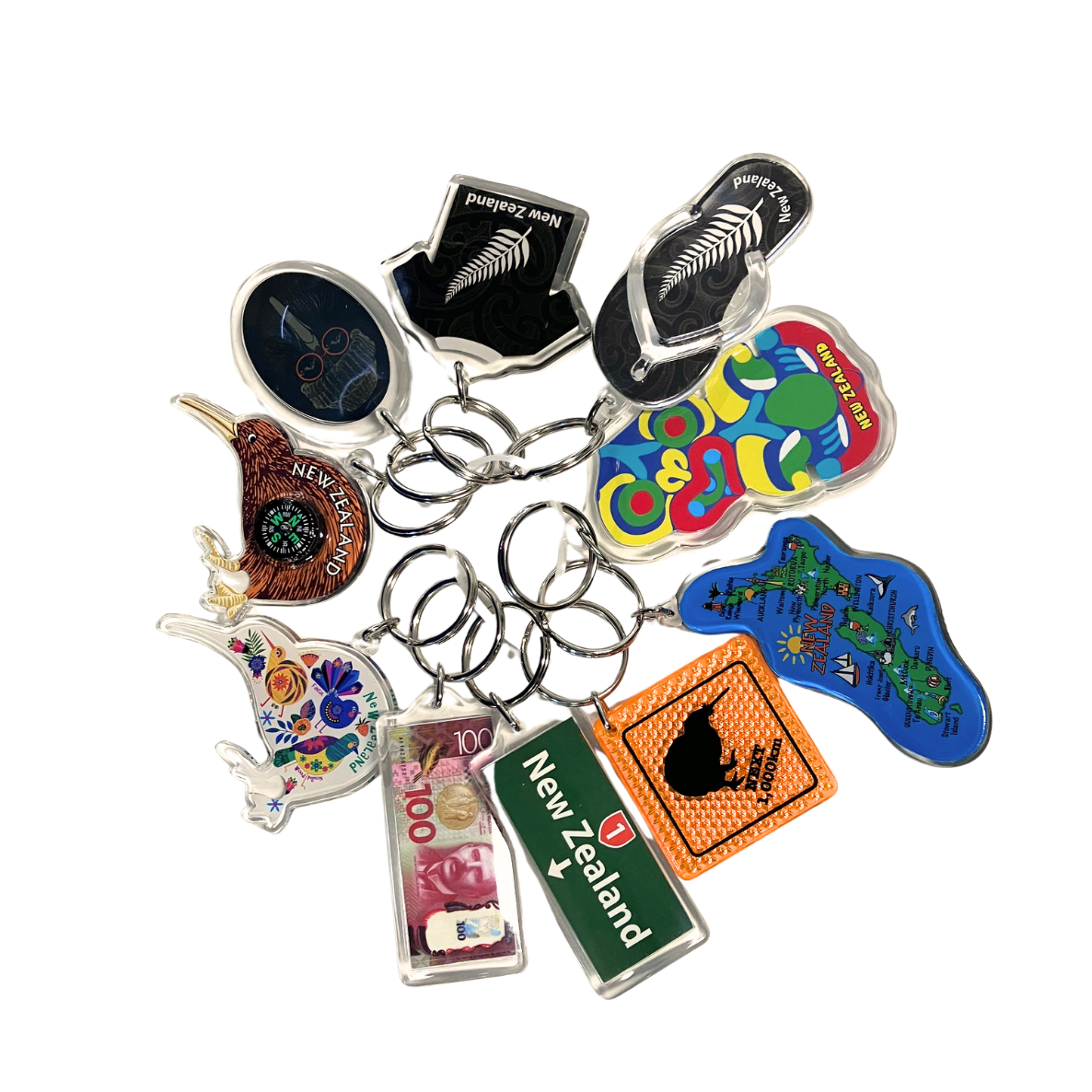 Collection of various keychains on a white background