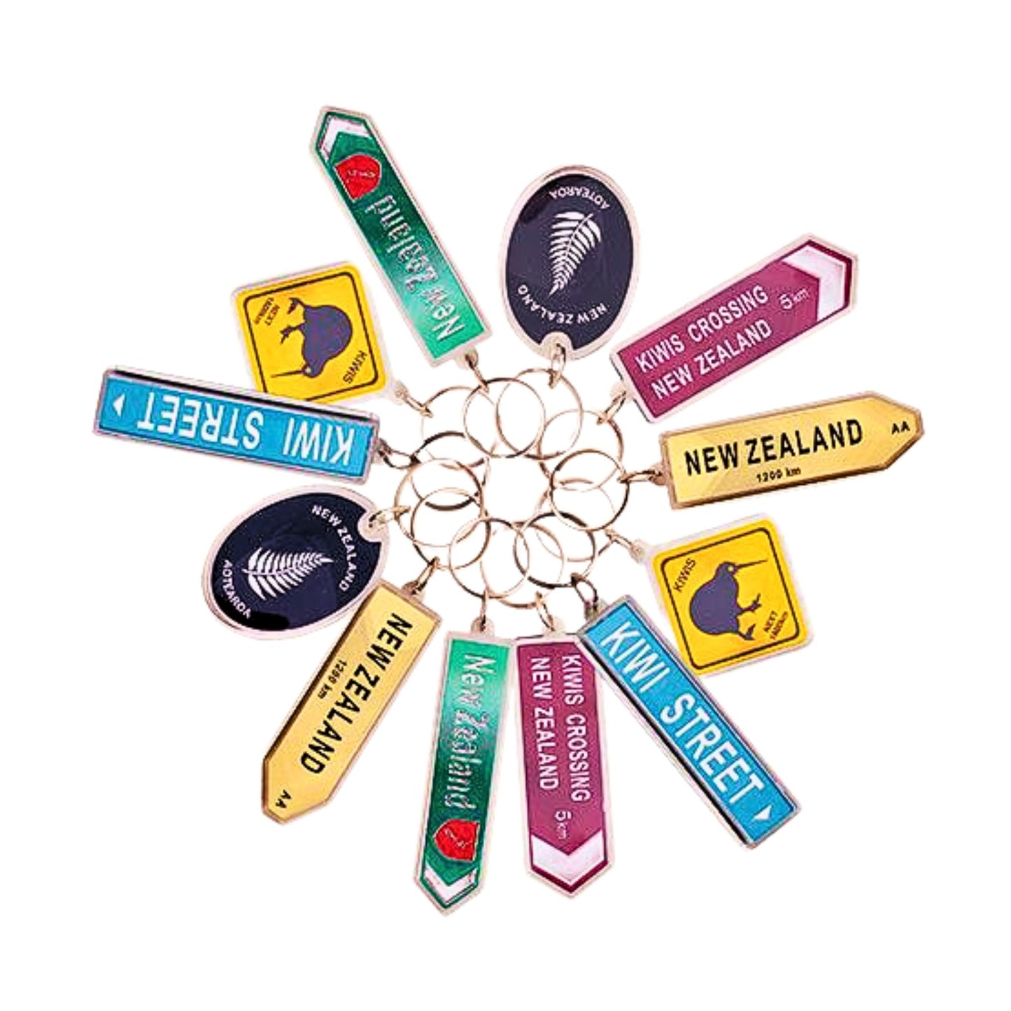 Foil Road Signs Keyrings 12pk. Keychain with various New Zealand-themed charms on a white background