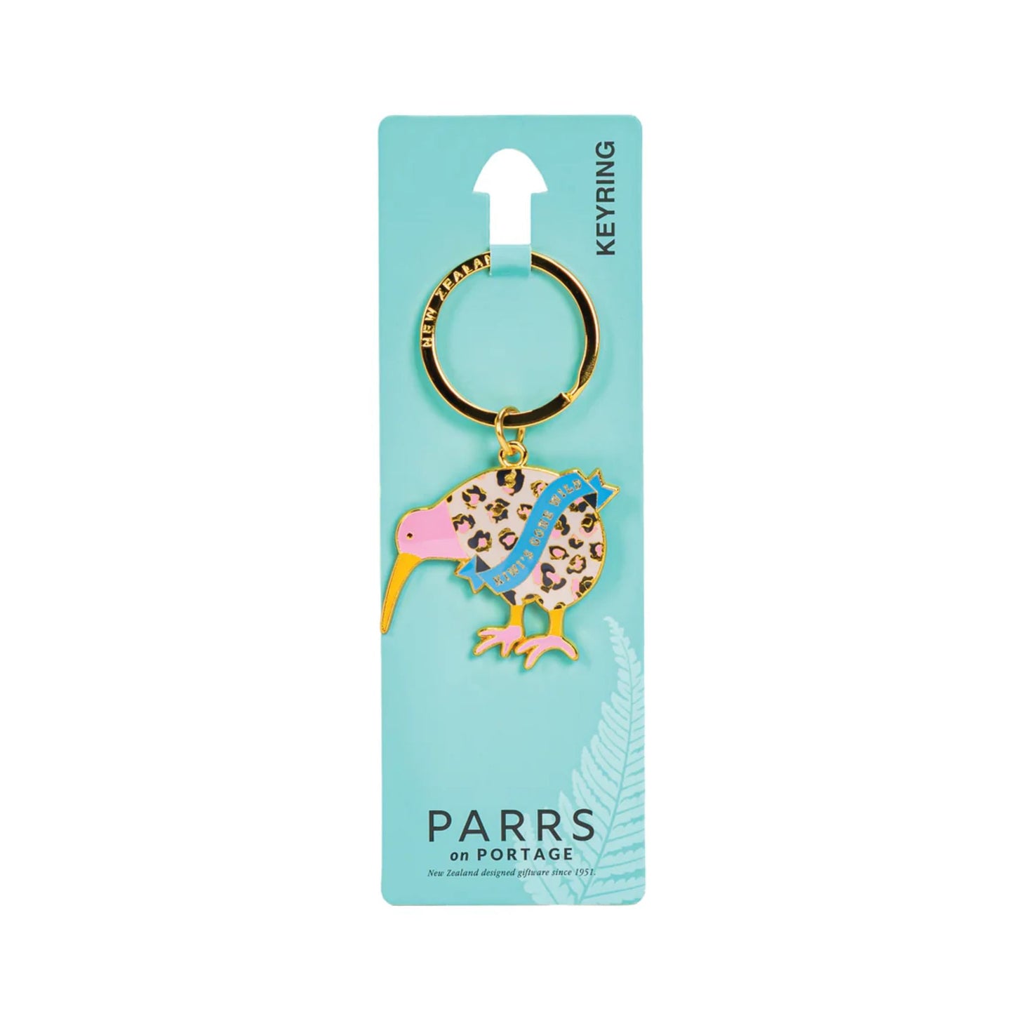 Keychain with leopard print design on a blue card with 'Parrs' branding