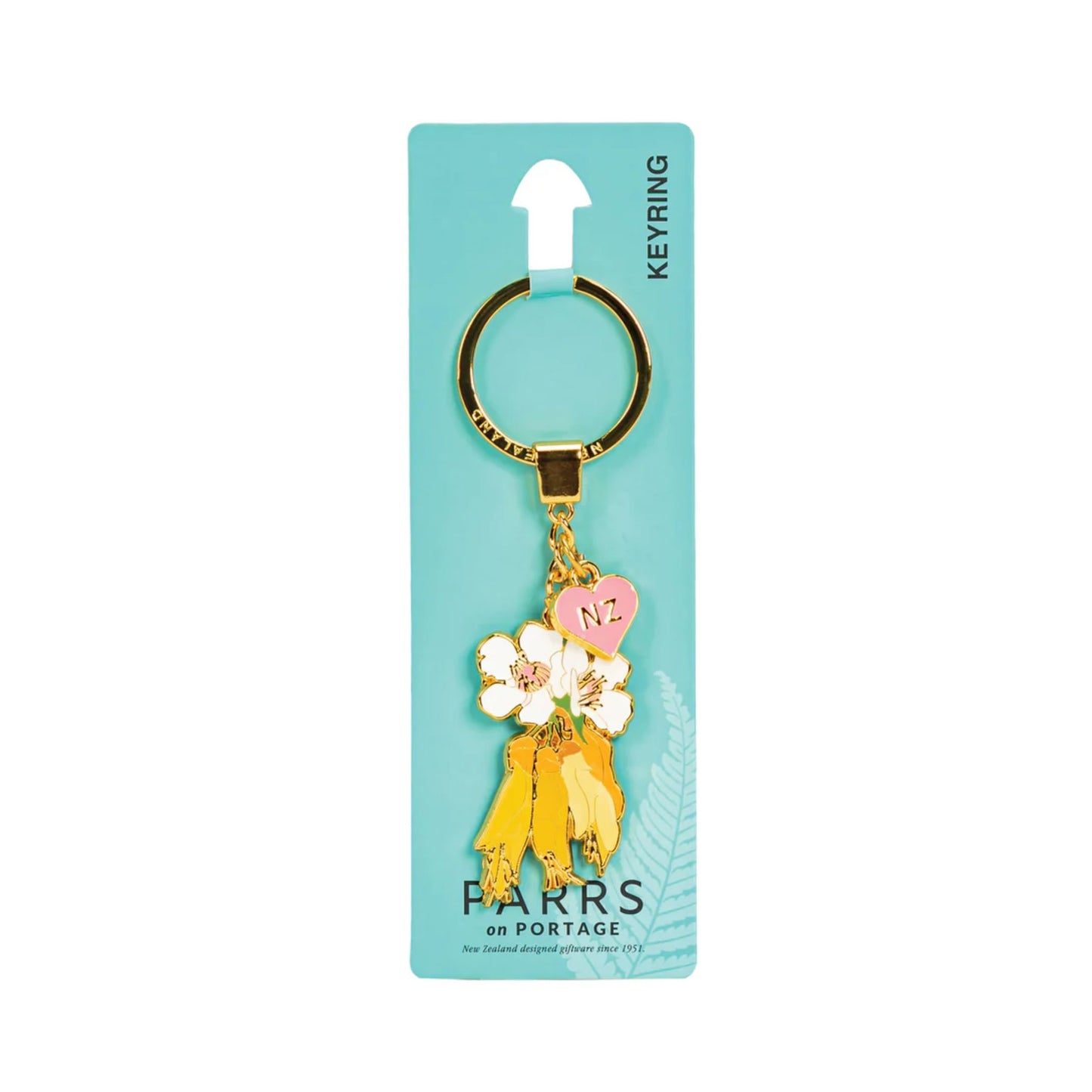 Key Ring-Metal Manuka & Kowhai Flowers on a green card on a white background