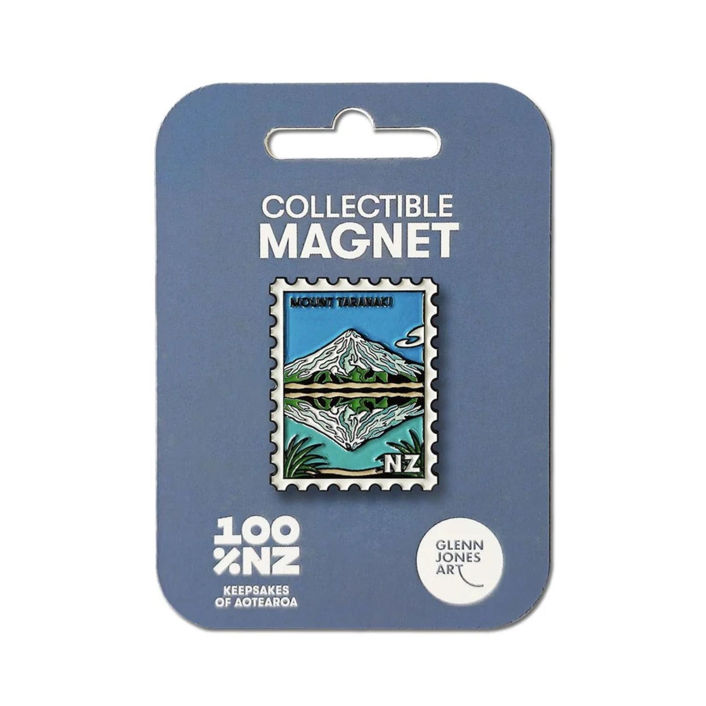Collectible magnet with mountain design on a blue backing card