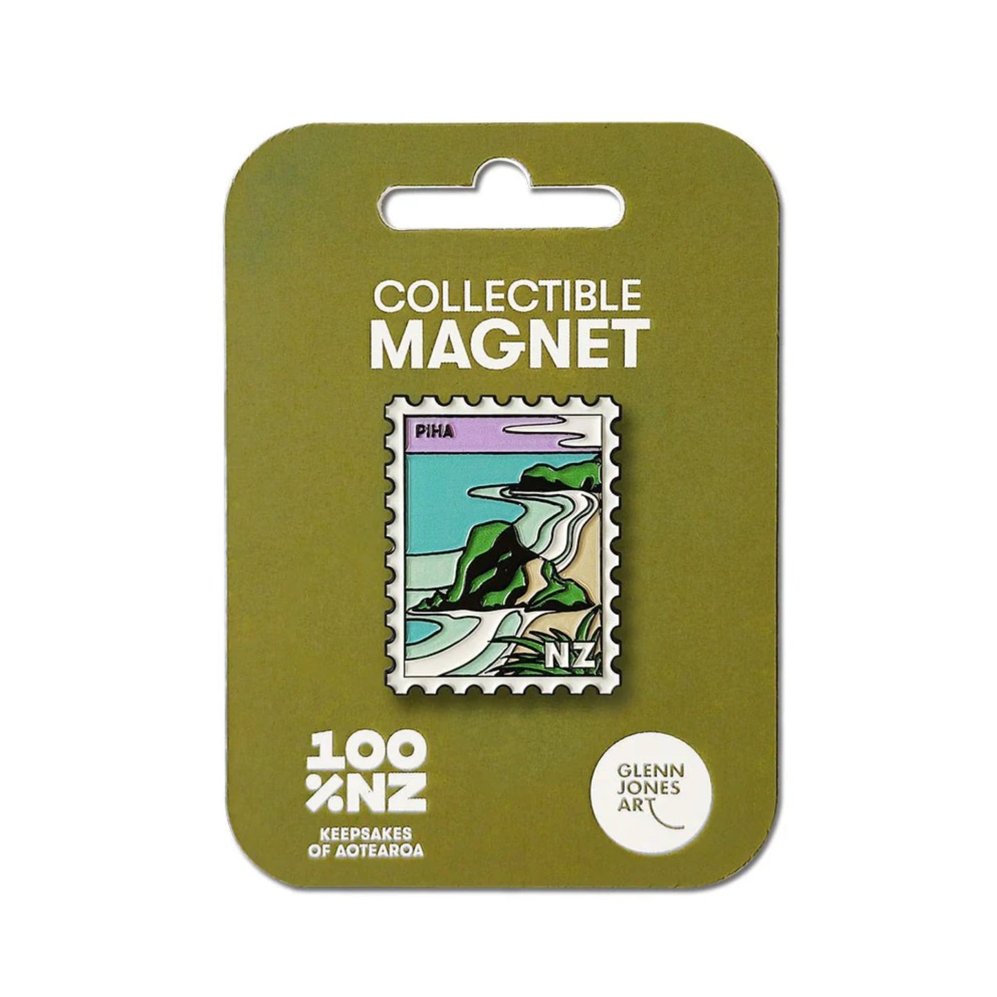 Collectible magnet packaging with a magnet featuring a design and branding on a green card.