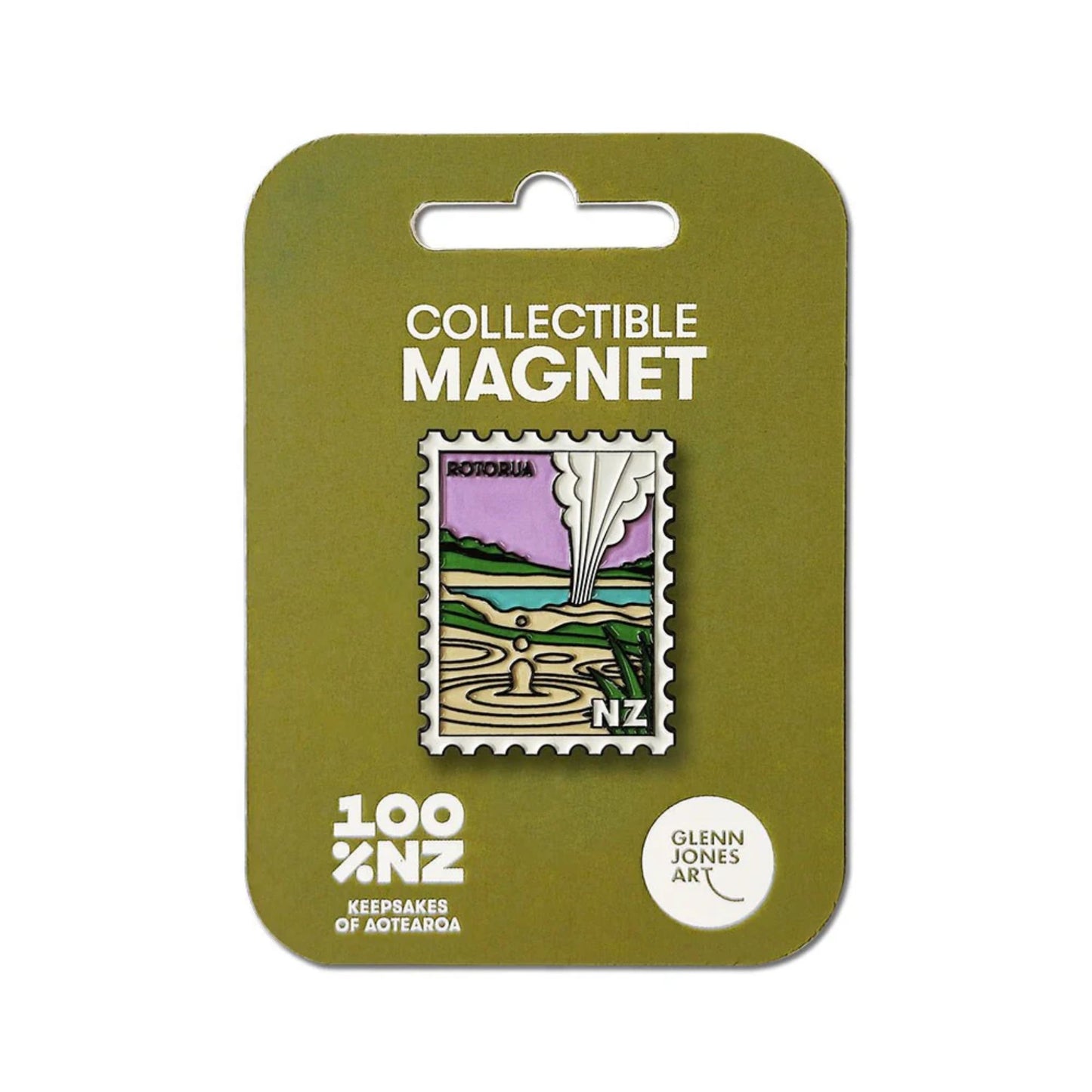 Collectible Rotorua magnet packaging with a design of a New Zealand postage stamp on a green card.
