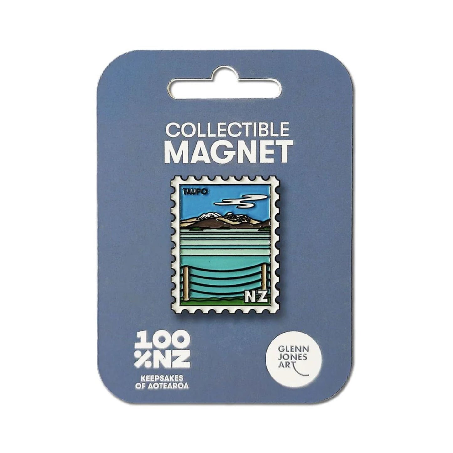 Collectible magnet packaging with a mountain design on a blue card