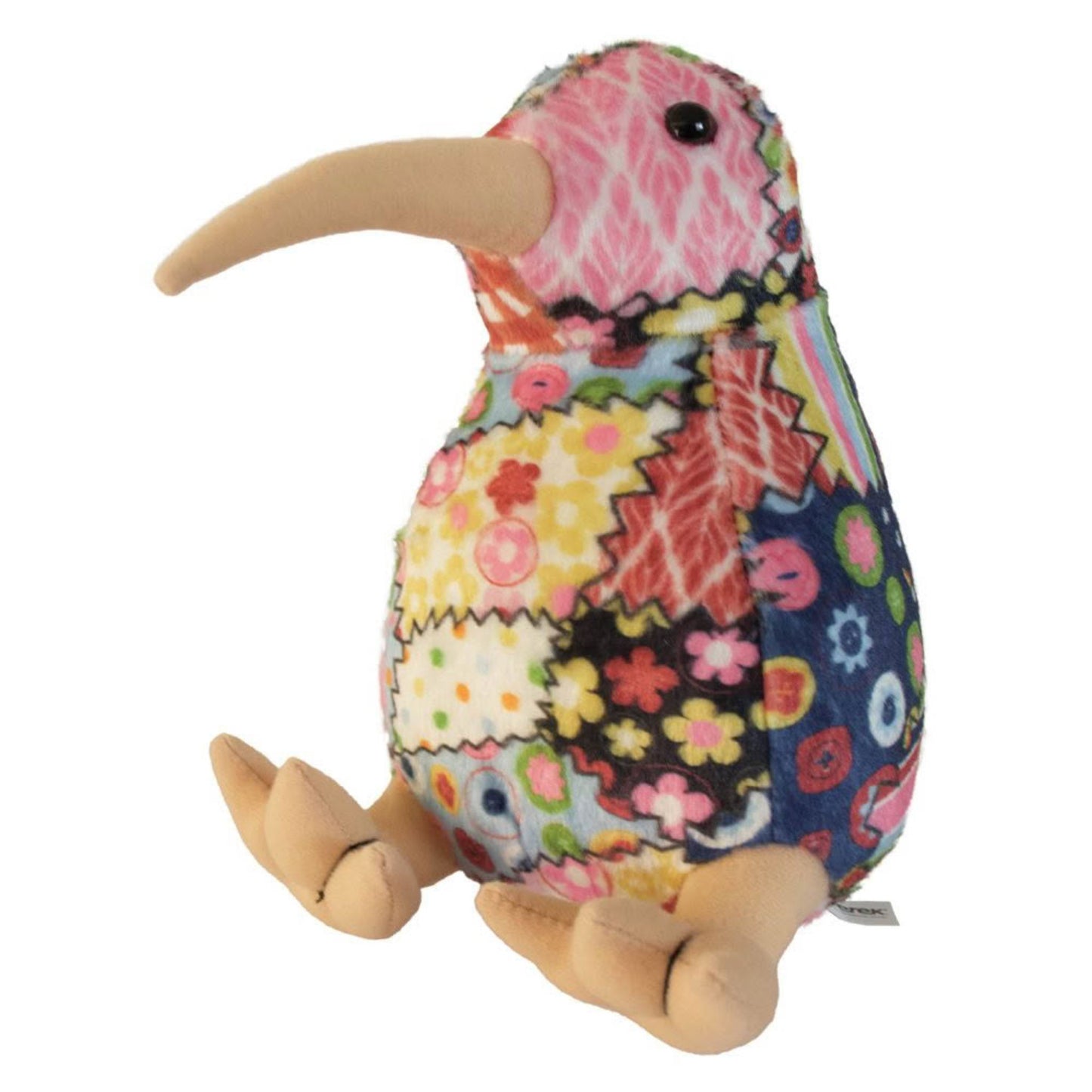 Colorful quilted floral-patterned kiwi plush toy resembling a kiwi bird on a white background