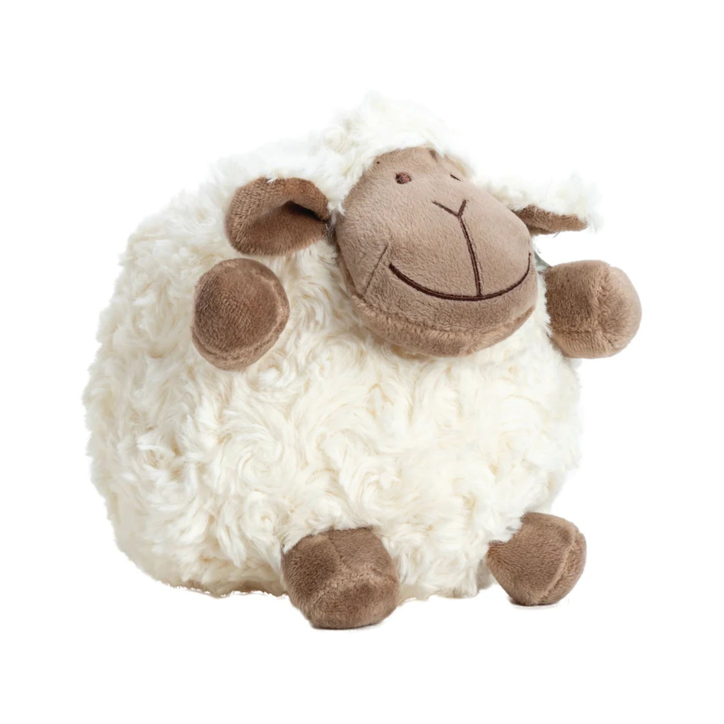 Sheep Toy Squishy Round 17cm. Plush toy sheep with white fleece and brown accents on a white background