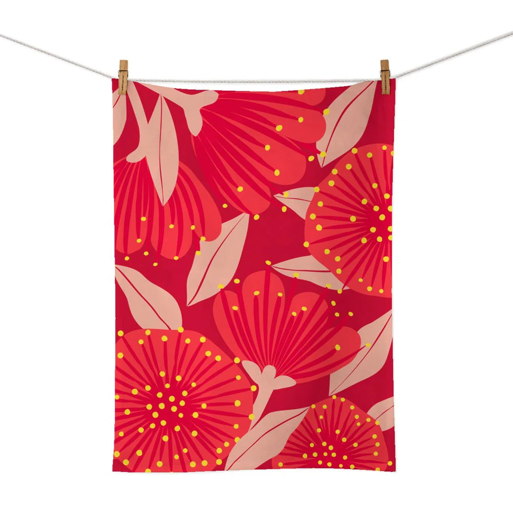 NZ Tea Towel - Bright Botanical Pohutukawa -Red