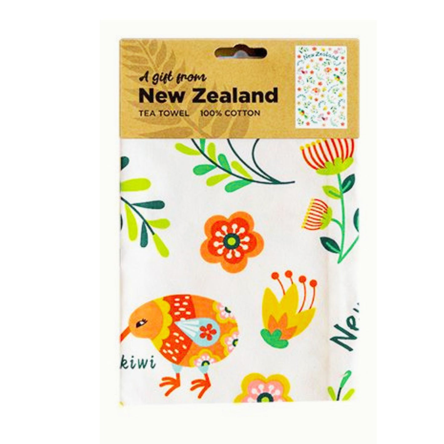 Tea towel with floral and kiwi bird design, packaging from New Zealand