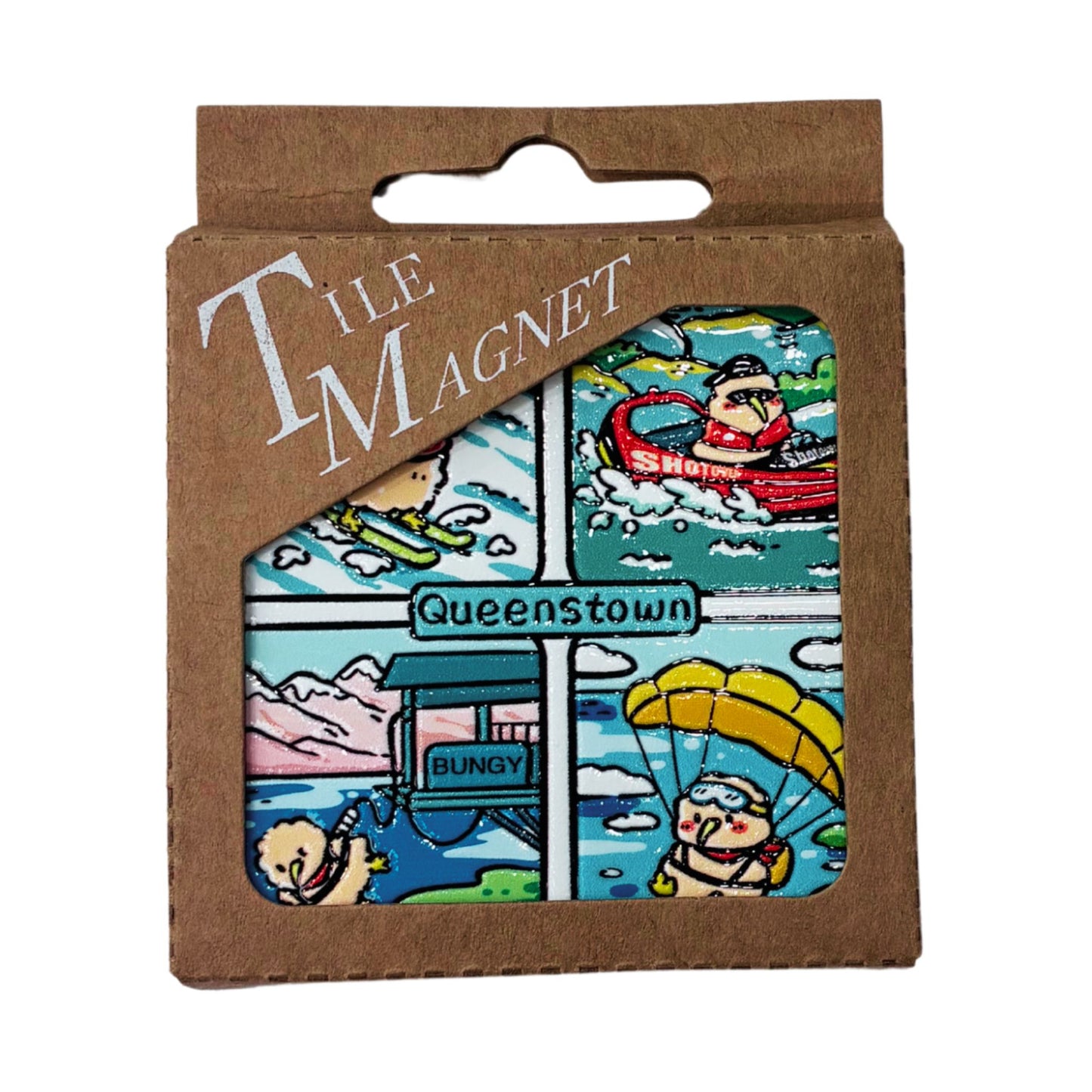 A square ceramic tile magnet featuring a colorful cartoon illustration of Queenstown, New Zealand, presented in its original brown cardboard packaging with a clear window.