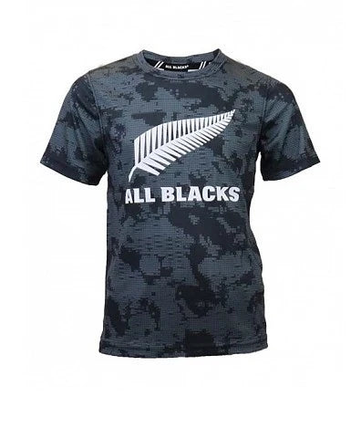 A black and grey camouflage design t-shirt with the All Blacks logo in the center. All Blacks Camo T-Shirt from New Zealand