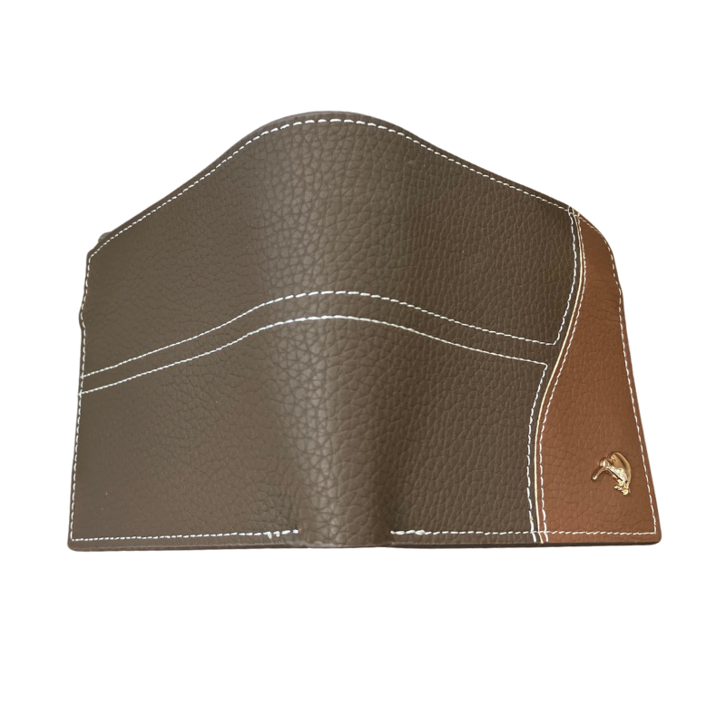 Brown leather pouch with a gold emblem on a white background