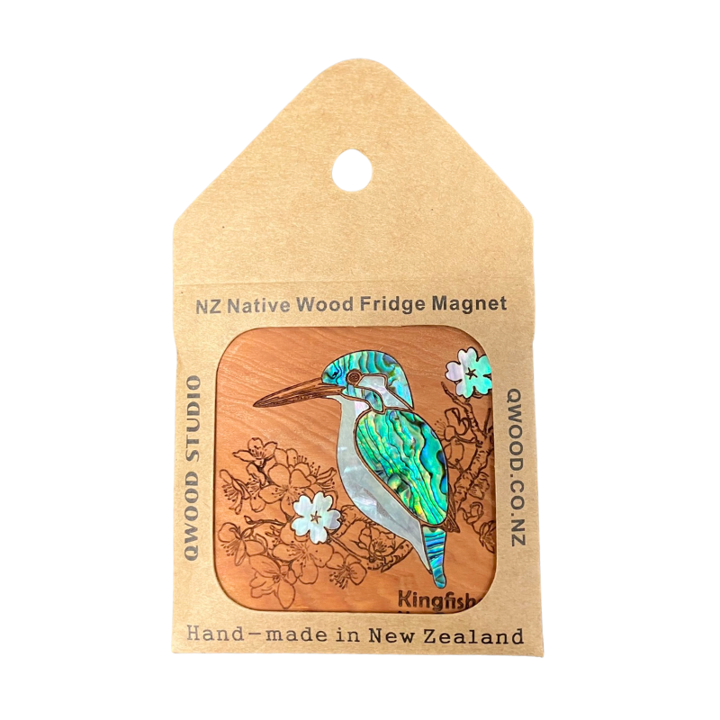 NZ Native Wood Fridge Magnet packaging with a Kingfish design on a white background