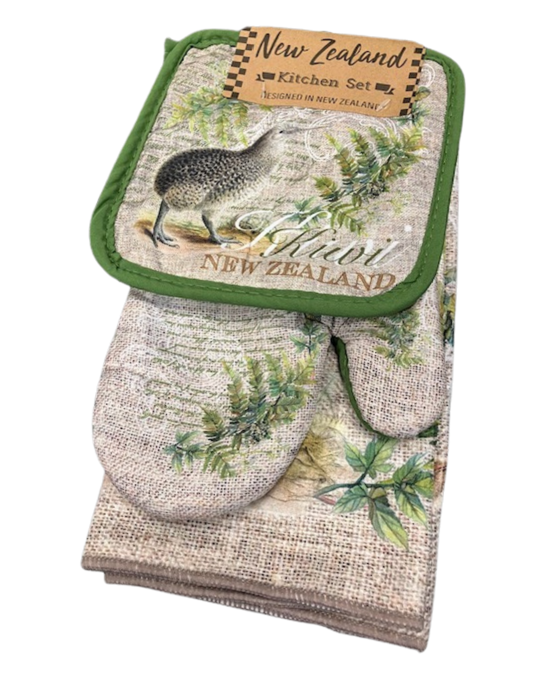 A kitchen set including a pot holder, oven glove, and tea towel with a kiwi design on a white background.