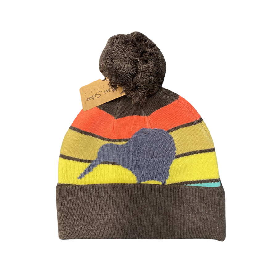 A multicolored beanie with a kiwi bird design with red and yellow stripes.