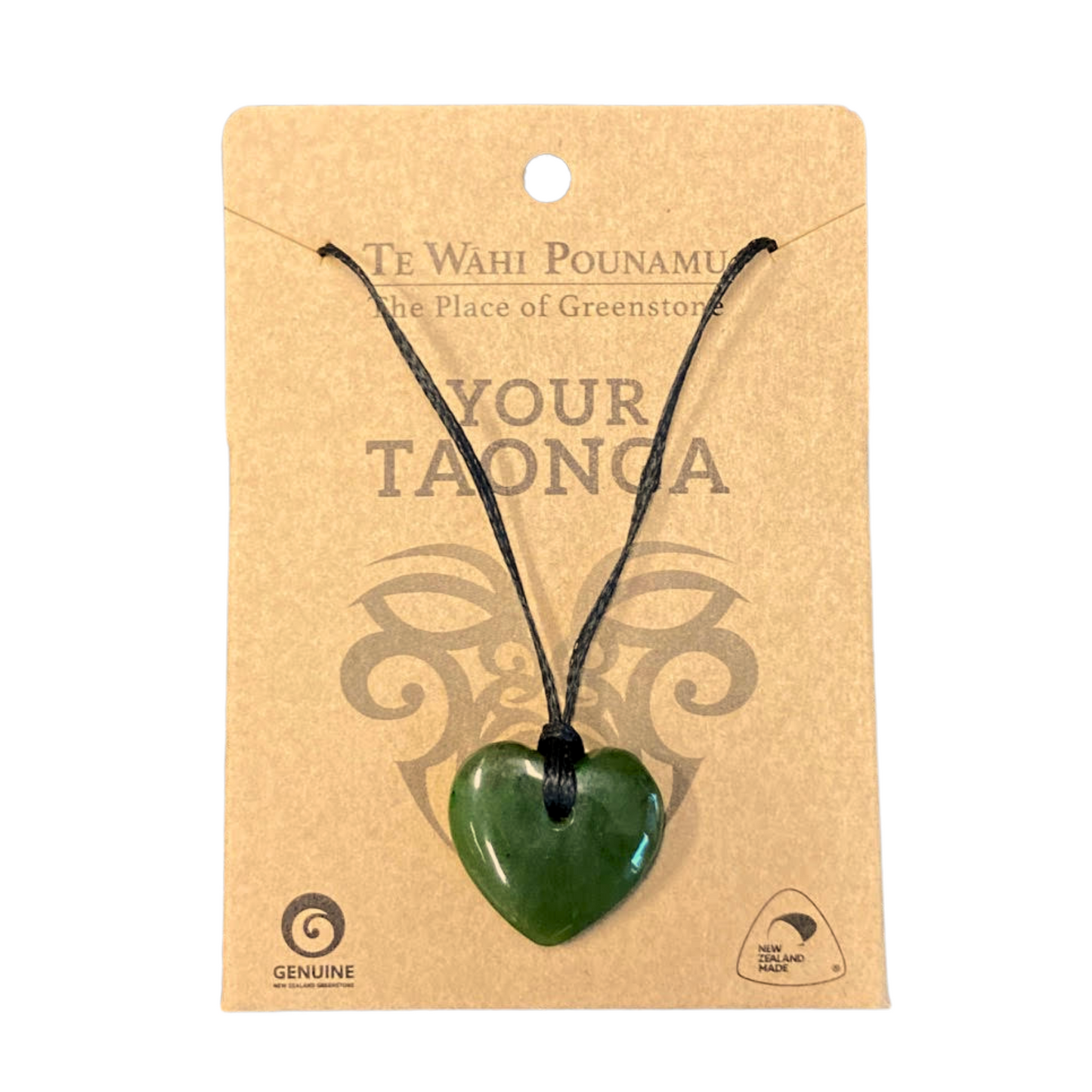 A Greenstone heart-shaped pendant necklace on a beige card with the text 'Your Taonga' and the brand 'Gentine'.