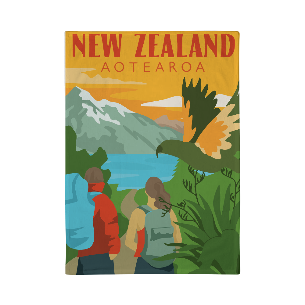 New Zealand travel tea towel with mountains, lake, and people with a parrot.