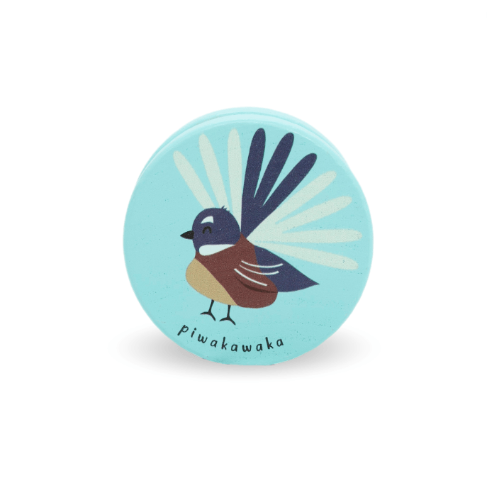 blue yo-yo with an image of a piwakawaka bird