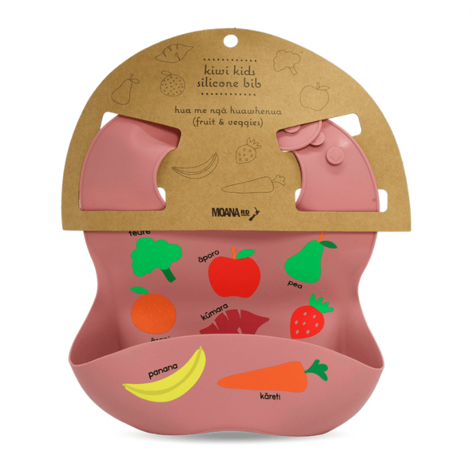 Pink bib with fruits and vegetable design 
