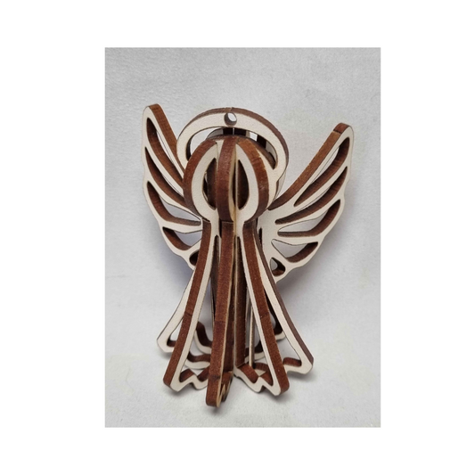 A 3D wooden sculpture of a white angel with brown wings, assembled from flat-packed pieces.