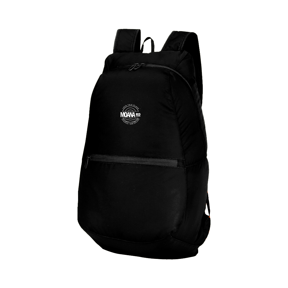 Black backpack with a logo on a light gray background