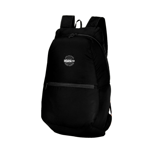 Black backpack with a logo on a light gray background