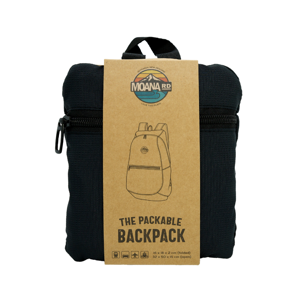 Black backpack with a cardboard packaging label on a white background