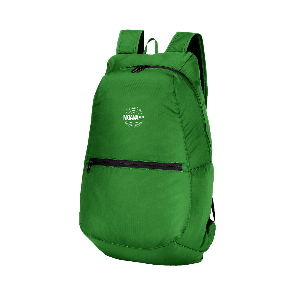 Orange packable backpack with a moana rd logo on a white background