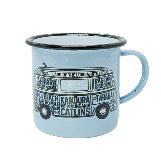Blue mug with text and graphics on a white background