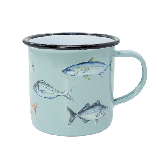 Light blue enamel fishing club mug with fish illustrations on a white background