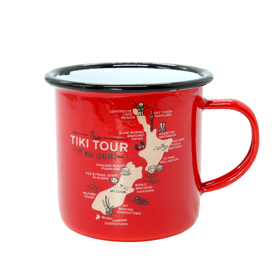 Red mug with 'Tiki Tour' design on a white background