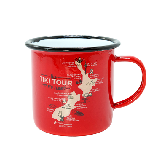 Red mug with 'Tiki Tour' design on a white background