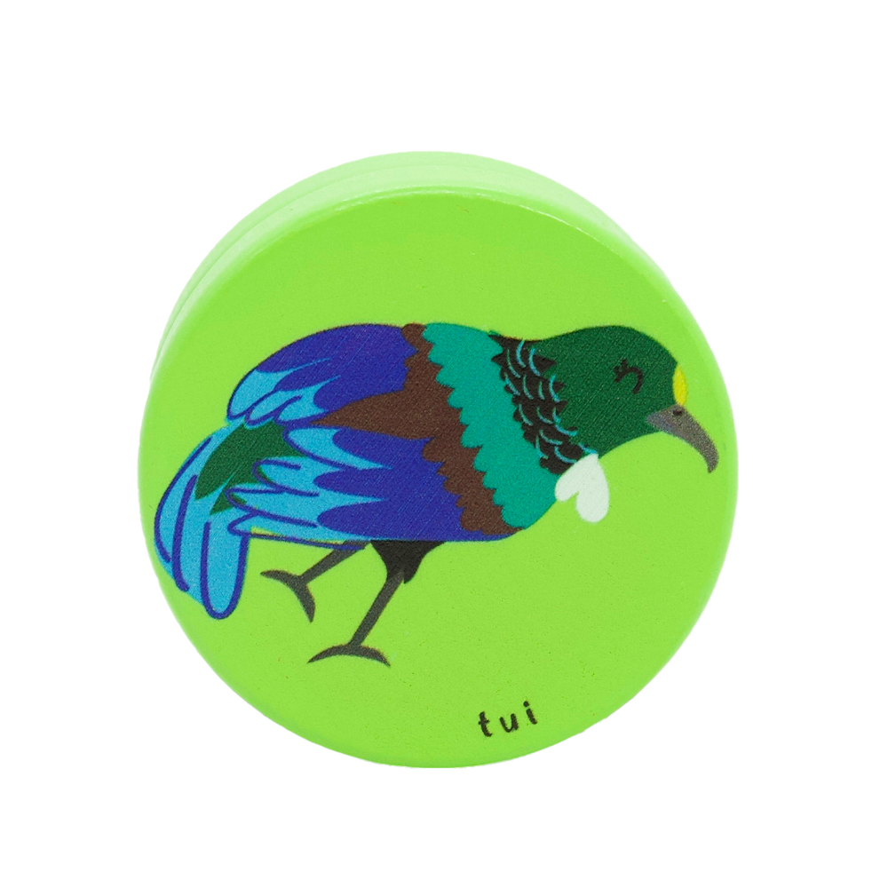 Round green yoyo with a colorful tui bird illustration on a white background