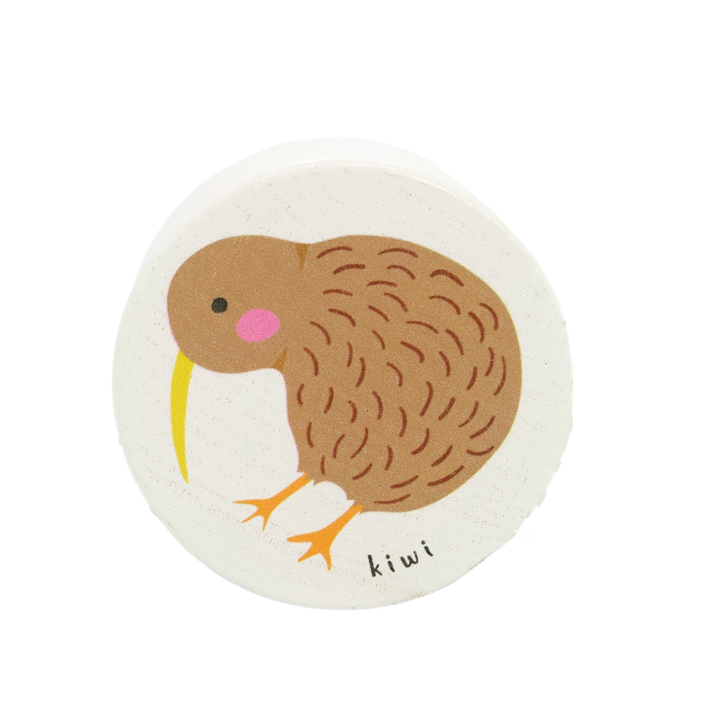 Round sticker with a kiwi bird design on a white background