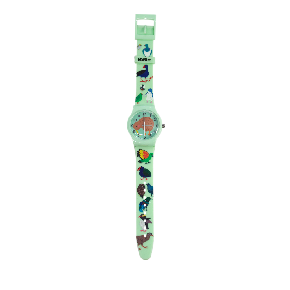 Children's watch with a colorful animal-themed strap on a white background