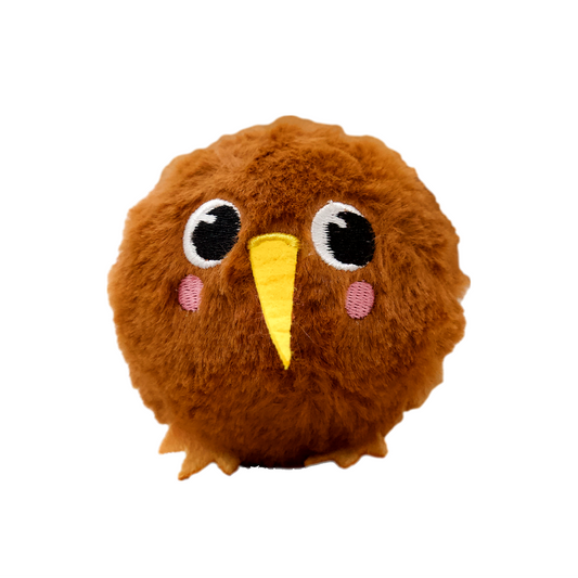 Brown plush kiwi bouncy toy with a yellow beak on a white background