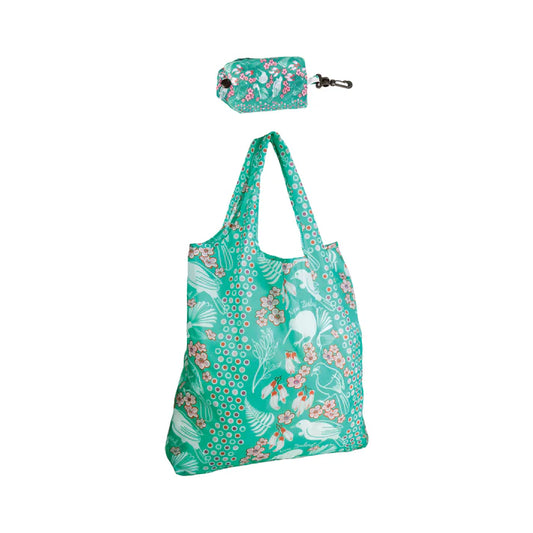 Foldable Eco Bag-Birds and Flowers-Teal