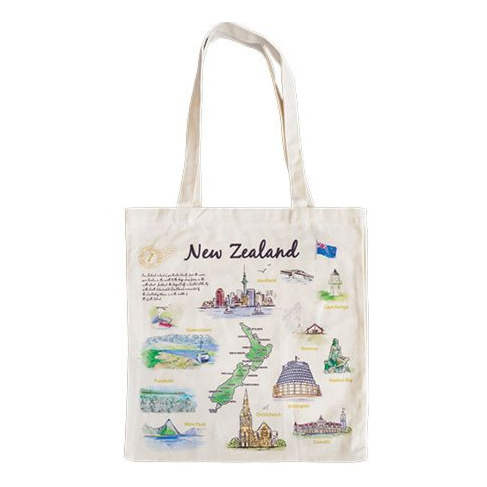 Cotton Bag - Artist Series. Tote bag with illustrations of New Zealand landmarks and text on a white background