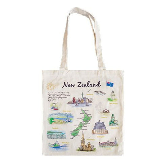 Cotton Bag - Artist Series. Tote bag with illustrations of New Zealand landmarks and text on a white background