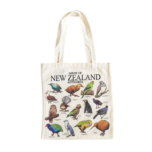 Cotton Bag - NZ Bird Species. Tote bag with illustrations of New Zealand birds and text on a white background