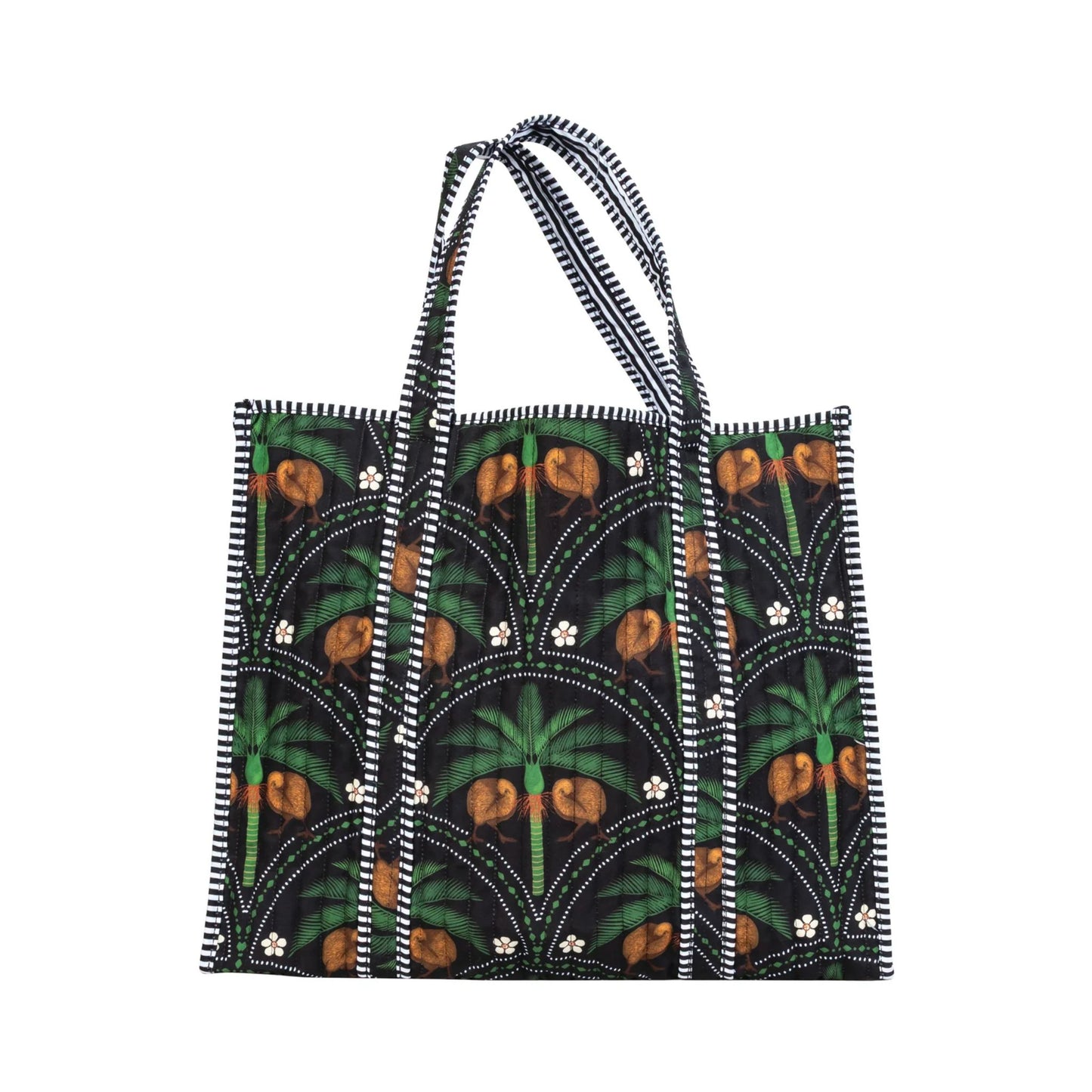 Parrs Kiwi Tropics Quilted Bag With Nikaus Black. Tote bag with tropical pattern on a white background