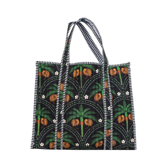 Parrs Kiwi Tropics Quilted Bag With Nikaus Black. Tote bag with tropical pattern on a white background