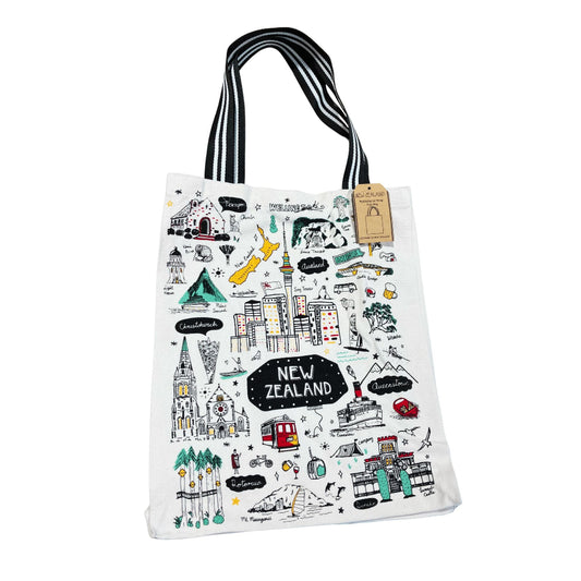 Tote bag with New Zealand-themed illustrations on a white background